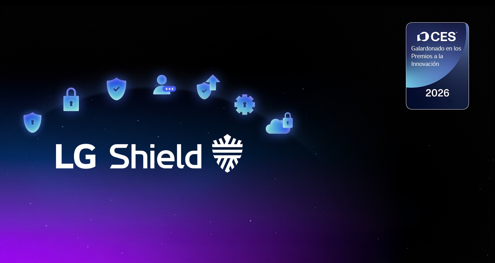 El emblema LG Shield se muestra sobre un fondo oscuro con iconos de seguridad, destacando la protección de webOS para la privacidad, la seguridad de los datos y la integridad del sistema. También se muestra una insignia de homenajeado de los Premios a la Innovación CES 2026.